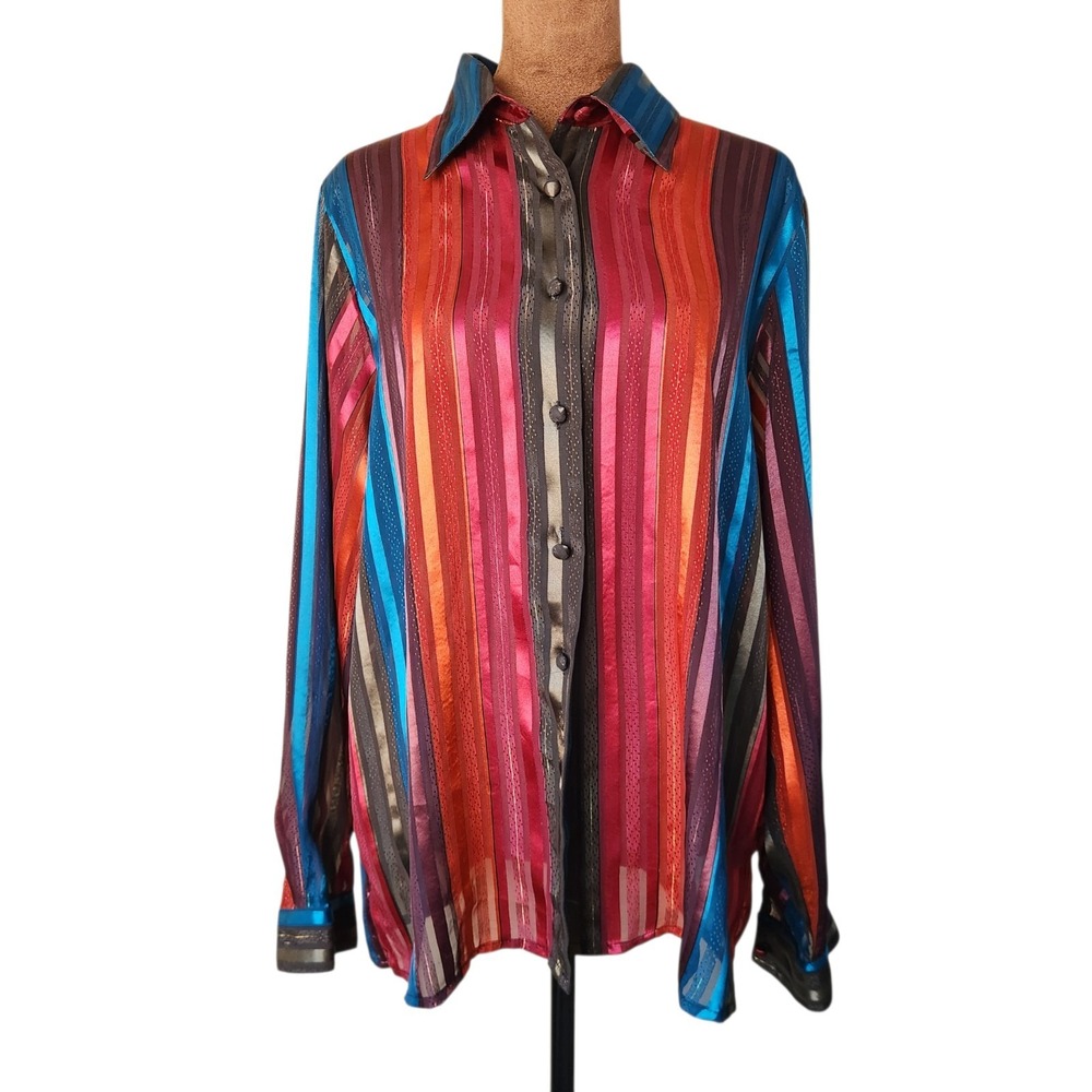 Vintage Yves St Clair Blouse Colorful Satin‎ Striped Semi Sheer Size 14 Women's